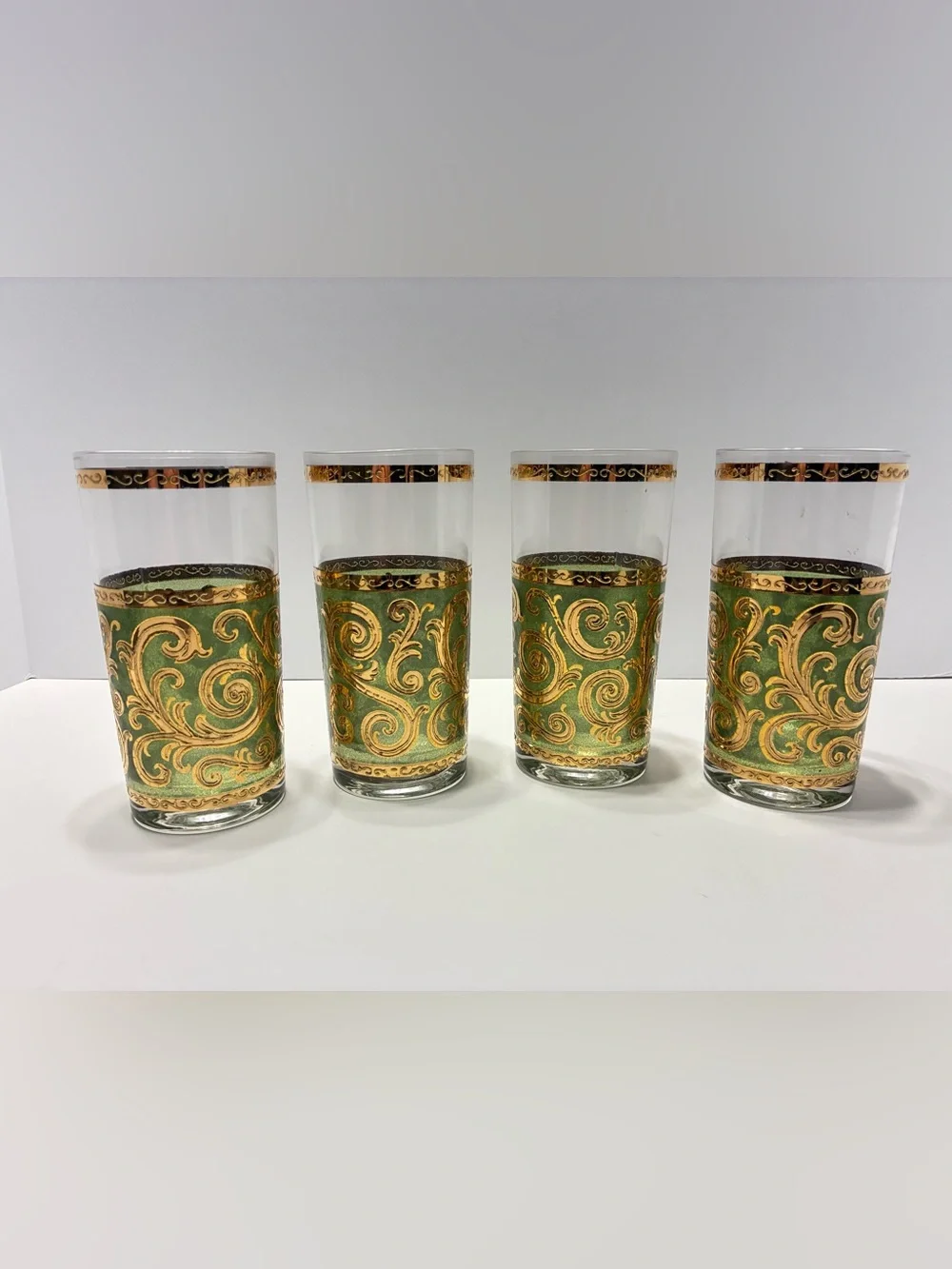 MCM Set of 4 Culver TOLEDO Green Gold Scroll Highball Glasses Tumblers 12 oz.
